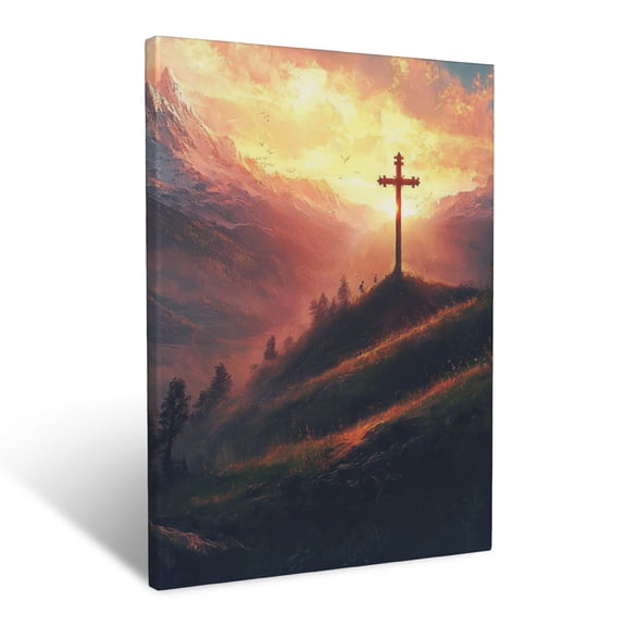 CozyNet Cross Glowing On A Tranquil Hillside Surrounded By Serene Landscapes, Symbolizing Hope Wall Art Prints With Frame Canvas Perfect for Living Room & Bedroom, Ready to Hang, Wall Decor 12"x16"