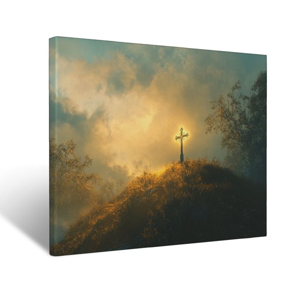 CozyNet Cross Glowing On A Tranquil Hilltop, Surrounded By Soft Golden Divine Radiance Wall Art Prints With Frame Canvas Perfect for Living Room & Bedroom, Ready to Hang, Wall Decor 16"x20"