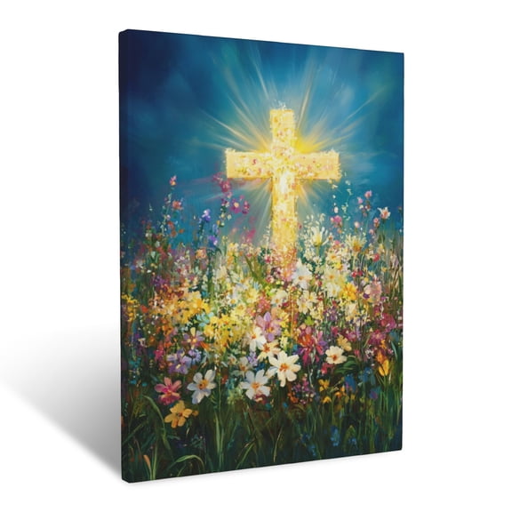 CozyNet Cross Glowing In A Radiant Meadow Vibrant Flowers Symbolizing Renewal And Divine Hope Wall Art Prints With Frame Canvas Perfect for Living Room & Bedroom, Ready to Hang, Wall Decor 12"x16"