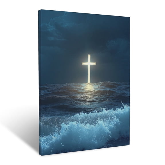 CozyNet Cross Glowing Softly Over Calm Ocean Waves A Beacon Of Hope, Symbolizing Eternal Faith Wall Art Prints With Frame Canvas Perfect for Living Room & Bedroom, Ready to Hang, Wall Decor 12"x16"