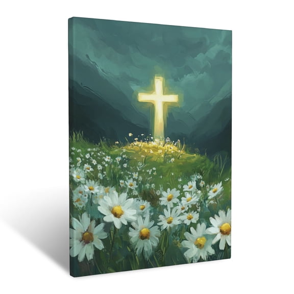 CozyNet Cross Glowing Softly In A Valley Of Daisies Surrounded By Simplicity, Symbolizing Hope Wall Art Prints With Frame Canvas Perfect for Living Room & Bedroom, Ready to Hang, Wall Decor 12"x16"