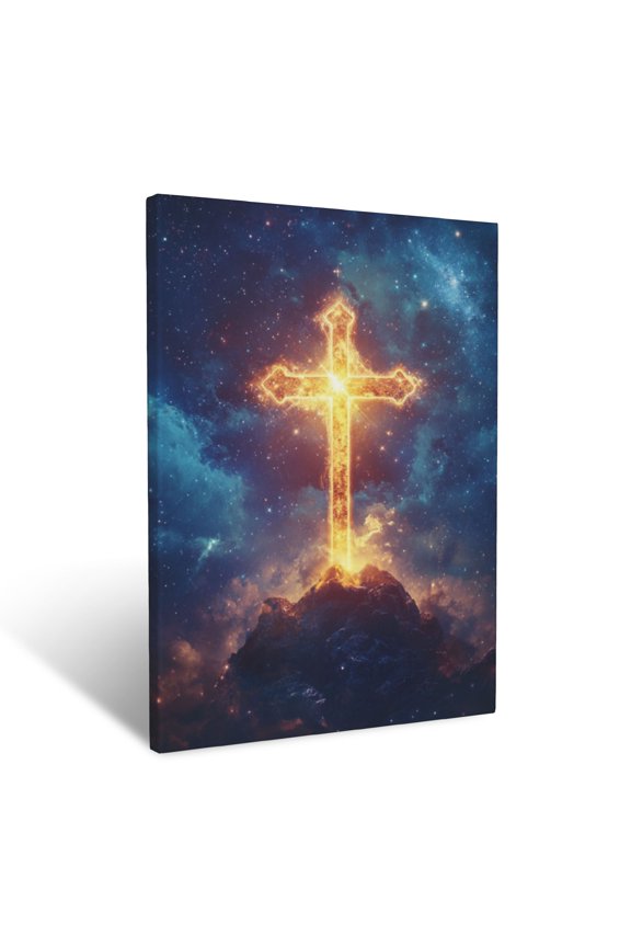 Cross Glowing In Star Filled Sky Surrounded By Celestial Lights Of Eternal Faith Wall Art Prints With Frame Canvas Perfect for Living Room & Bedroom, Ready to Hang, Wall Decor 12"x16"