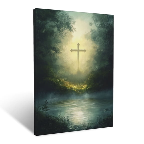 CozyNet Cross Glowing Through A Serene Misty Forest Surrounded By Beauty, Symbolizing Peace Wall Art Prints With Frame Canvas Perfect for Living Room & Bedroom, Ready to Hang, Wall Decor 12"x16"