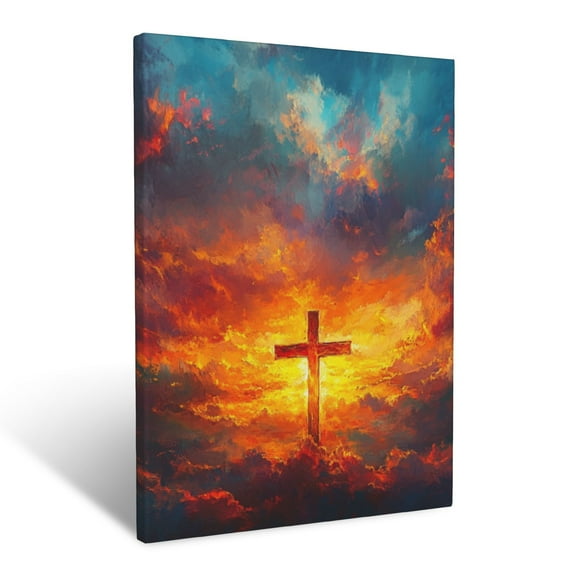 CozyNet Cross Glowing Through Radiant Clouds Of Dawn A Symbol Of Renewal Glowing With Grace Wall Art Prints With Frame Canvas Perfect for Living Room & Bedroom, Ready to Hang, Wall Decor 12"x16"