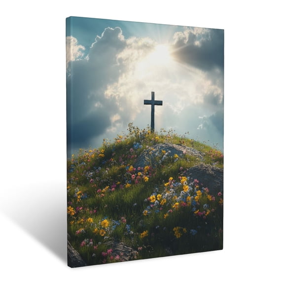 CozyNet Cross On A Hill Surrounded By Wildflowers, Sunlight Breaking Through Storm Clouds Above Wall Art Prints With Frame Canvas Perfect for Living Room & Bedroom, Ready to Hang, Wall Decor 12"x16"