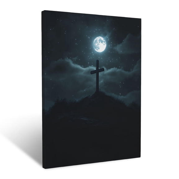 CozyNet Cross Illuminated By Moonlight, Standing On A Hill, Stars Twinkling In The Night Sky Wall Art Prints With Frame Canvas Perfect for Living Room & Bedroom, Ready to Hang, Wall Decor 12"x16"