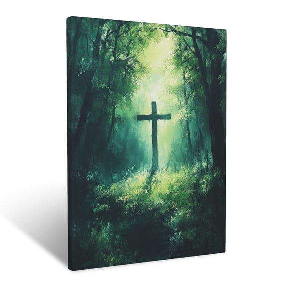 CozyNet Cross In Glowing Forest Clearing Surrounded By Vibrant Green Trees Bathed In Light Wall Art Prints With Frame Canvas Perfect for Living Room & Bedroom, Ready to Hang, Wall Decor 12"x16"