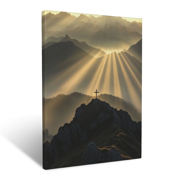 CozyNet Cross On Mountaintop At Dawn Radiant Beams Spreading Across Distant Hills Wall Art Prints With Frame Canvas Perfect for Living Room & Bedroom, Ready to Hang, Wall Decor 12"x16"