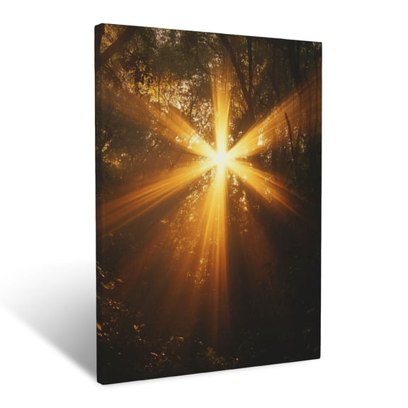 CozyNet Cross Radiating Light Over A Forest Glowing With Divine Presence, Surrounded By Nature Wall Art Prints With Frame Canvas Perfect for Living Room & Bedroom, Ready to Hang, Wall Decor 16"x20"