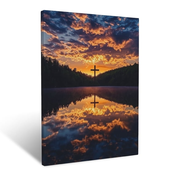 CozyNet Cross Reflected In A Calm Lake, Surrounded By A Forest & Glowing Sunset Sky Above Wall Art Prints With Frame Canvas Perfect for Living Room & Bedroom, Ready to Hang, Wall Decor 12"x16"