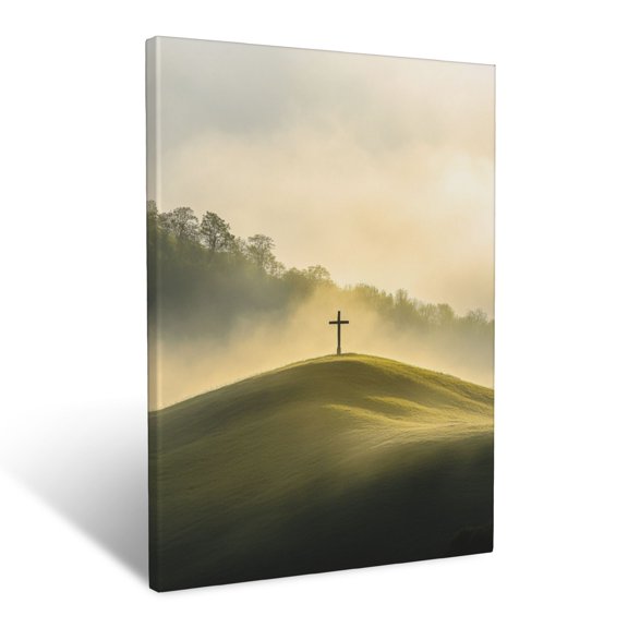 CozyNet Cross Rising Through Mist Glowing In Morning Light On Peaceful Hillside Wall Art Prints With Frame Canvas Perfect for Living Room & Bedroom, Ready to Hang, Wall Decor 12"x16"