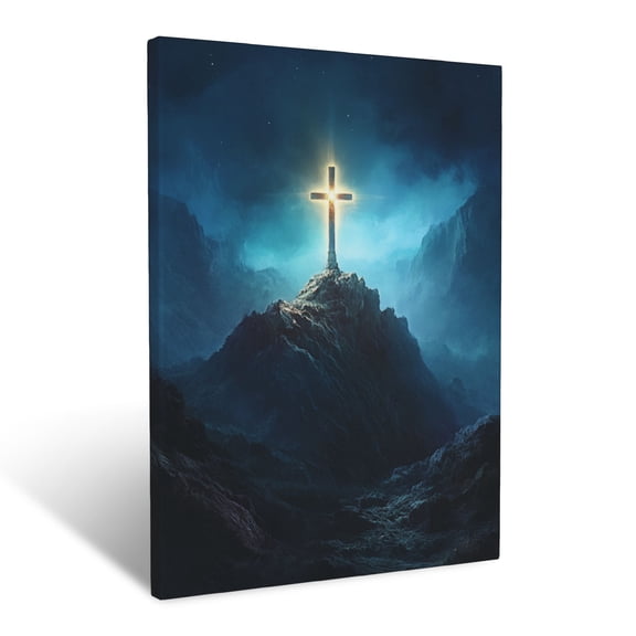 CozyNet Cross Shining On A Rugged Mountain Symbolizing Triumph & Faith, Glowing Under The Heavens Wall Art Prints With Frame Canvas Perfect for Living Room & Bedroom, Wall Decor 12"x16"