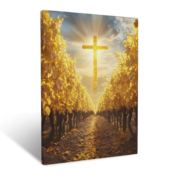 CozyNet Cross Shining Through Golden Vineyards Symbolizing Faith, Abundance, And Divine Promise Wall Art Prints With Frame Canvas Perfect for Living Room & Bedroom, Ready to Hang, Wall Decor 12"x16"