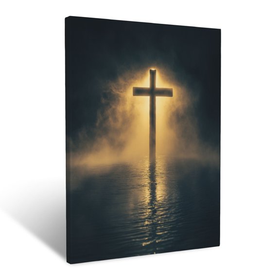 CozyNet Cross Shining Through Heavy Mist Symbolizing Faith Through Uncertainty, Glowing With Light Wall Art Prints With Frame Canvas Perfect for Living Room & Bedroom, Wall Decor 16"x20"