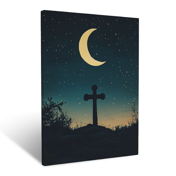 CozyNet Cross Silhouetted Against A Glowing Crescent Moon, Stars Twinkling In The Peaceful Night Sky Wall Art Prints With Frame Canvas Perfect for Living Room & Bedroom, Wall Decor 12"x16"