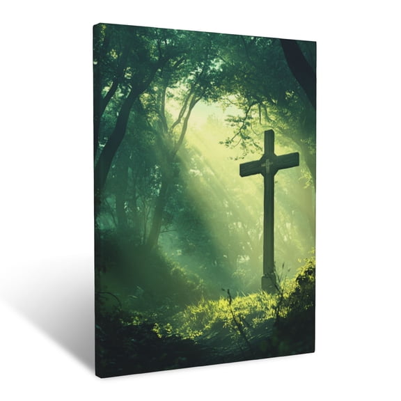 CozyNet Cross Standing In Glowing Forest Serene Green Trees Bathed In Divine Light Of Faith Wall Art Prints With Frame Canvas Perfect for Living Room & Bedroom, Ready to Hang, Wall Decor 12"x16"