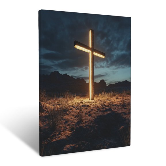 CozyNet Cross Standing In A Desert Landscape, Glowing Light Creating A Peaceful, Timeless Scene Wall Art Prints With Frame Canvas Perfect for Living Room & Bedroom, Ready to Hang, Wall Decor 12"x16"