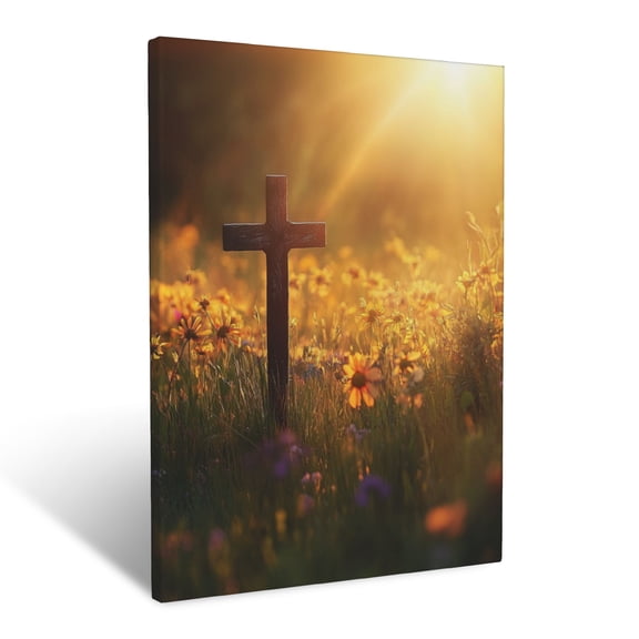 CozyNet Cross Standing In A Tranquil Meadow, Surrounded By Glowing Wildflowers And Golden Sunlight Wall Art Prints With Frame Canvas Perfect for Living Room & Bedroom, Wall Decor 12"x16"