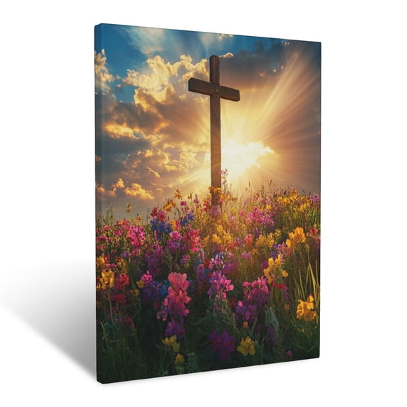 CozyNet Cross Standing Tall Amidst Vibrant Wildflowers, Glowing Rays Shining Through Clouds Wall Art Prints With Frame Canvas Perfect for Living Room & Bedroom, Ready to Hang, Wall Decor 16"x20"