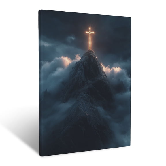 CozyNet Cross Standing Tall At The Top Of A Mountain, Glowing Beams Of Light Breaking Through Clouds Wall Art Prints With Frame Canvas Perfect for Living Room & Bedroom, Wall Decor 12"x16"