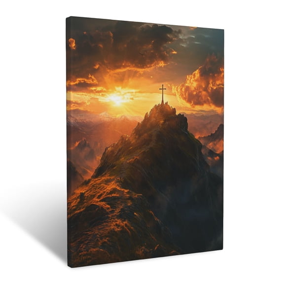 CozyNet Cross Standing Tall On A Mountain Glowing Under Golden Sunrise Faith Triumphant Wall Art Prints With Frame Canvas Perfect for Living Room & Bedroom, Ready to Hang, Wall Decor 16"x20"