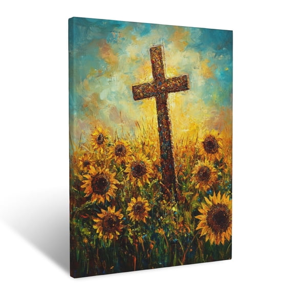 CozyNet Cross Standing In A Vibrant Meadow, With Sunflowers & Glowing Sunlight Around It Wall Art Prints With Frame Canvas Perfect for Living Room & Bedroom, Ready to Hang, Wall Decor 12"x16"