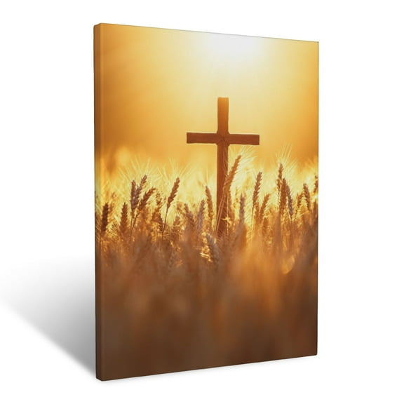 CozyNet Cross Standing In Wheat Field Glowing Under Gentle, Warm Harvest Sunlight Wall Art Prints With Frame Canvas Perfect for Living Room & Bedroom, Ready to Hang, Wall Decor 12"x16"