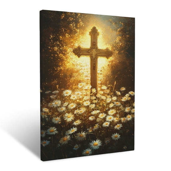 CozyNet Cross Surrounded By Blooming Daisies, Glowing Golden Light Illuminating The Scene Wall Art Prints With Frame Canvas Perfect for Living Room & Bedroom, Ready to Hang, Wall Decor 12"x16"
