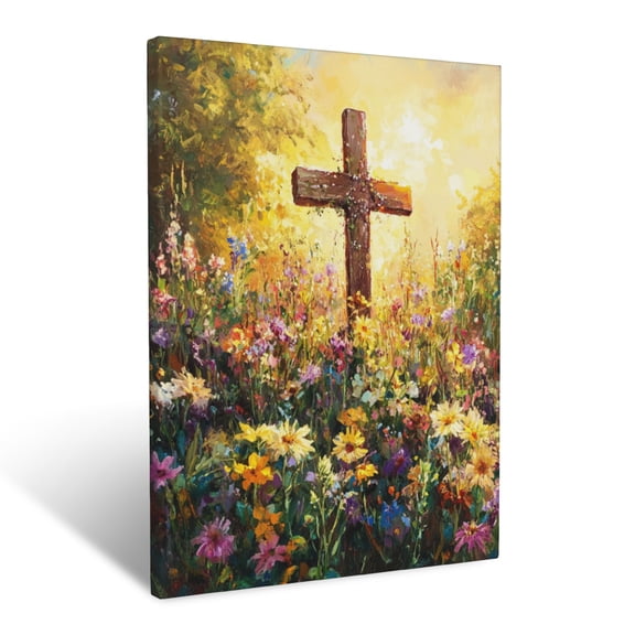 CozyNet Cross Surrounded By Colorful Wildflowers, Soft Golden Sunlight Casting Shadows Wall Art Prints With Frame Canvas Perfect for Living Room & Bedroom, Ready to Hang, Wall Decor 12"x16"