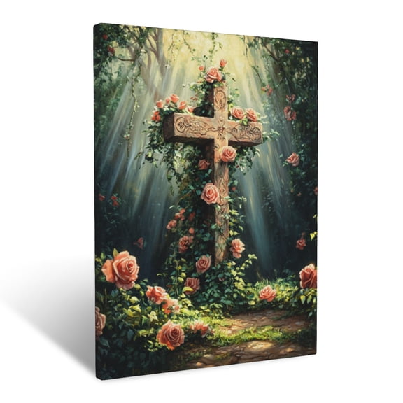 CozyNet Cross Surrounded By Ivy And Roses, Vibrant Sunlight Creating A Serene And Holy Image Wall Art Prints With Frame Canvas Perfect for Living Room & Bedroom, Ready to Hang, Wall Decor 16"x20"