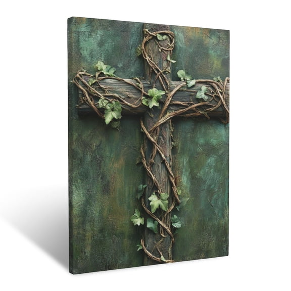 CozyNet Cross Wrapped In Vines Surrounded By Lush Growth, Symbolizing Life & Renewal In Faith Wall Art Prints With Frame Canvas Perfect for Living Room & Bedroom, Ready to Hang, Wall Decor 12"x16"
