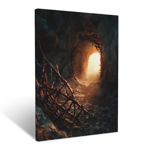 CozyNet Crown Of Thorns Laying Beside An Empty Tomb, Sunlight Glowing From The Open Entrance Wall Art Prints With Frame Canvas Perfect for Living Room & Bedroom, Ready to Hang, Wall Decor 16"x20"