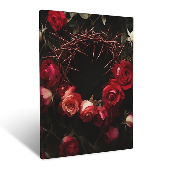 CozyNet Crown Of Thorns Surrounded By Blooming Roses Pain, Sacrifice & Ultimate Victory Wall Art Prints With Frame Canvas Perfect for Living Room & Bedroom, Ready to Hang, Wall Decor 12"x16"