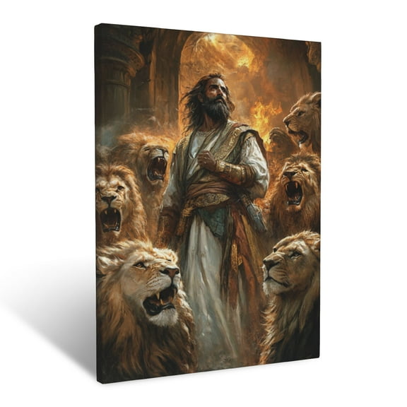 CozyNet Daniel In The Lions Den Calm Faith Amidst Fierce Lions & Divine Protection Wall Art Prints With Frame Canvas Perfect for Living Room & Bedroom, Ready to Hang, Wall Decor 12"x16"