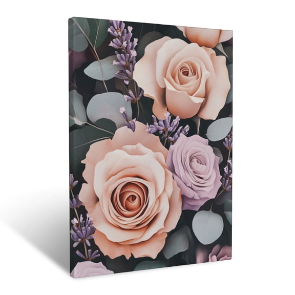 CozyNet Delicate Composition Of Roses, Eucalyptus And Soft Lavender Sprigs In Rich Detail Wall Art Prints With Frame Canvas Perfect for Living Room & Bedroom, Ready to Hang, Wall Decor 12"x16"in