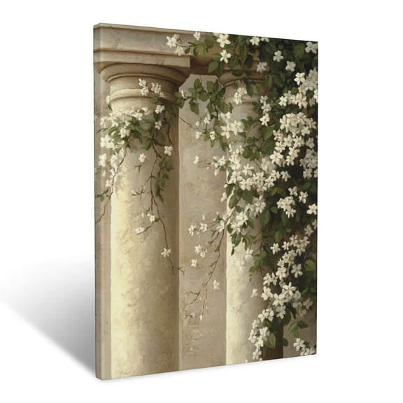 CozyNet Delicate Jasmine Flowers Climbing Elegantly Over Ancient Stone Pillars Wall Art Prints With Frame Canvas Perfect for Living Room & Bedroom, Ready to Hang, Wall Decor 12"x16"in