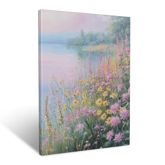 CozyNet Delicate Pastel Wildflowers Blooming Along A Quiet Riverbank Wall Art Prints With Frame Canvas Perfect for Living Room & Bedroom, Ready to Hang, Wall Decor 16"x20"in