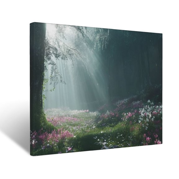CozyNet Dense Forest With Sunlight Streaming Through Mist And Blooming Flowers Wall Art Prints With Frame Canvas Perfect for Living Room & Bedroom, Ready to Hang, Wall Decor 12"x16"