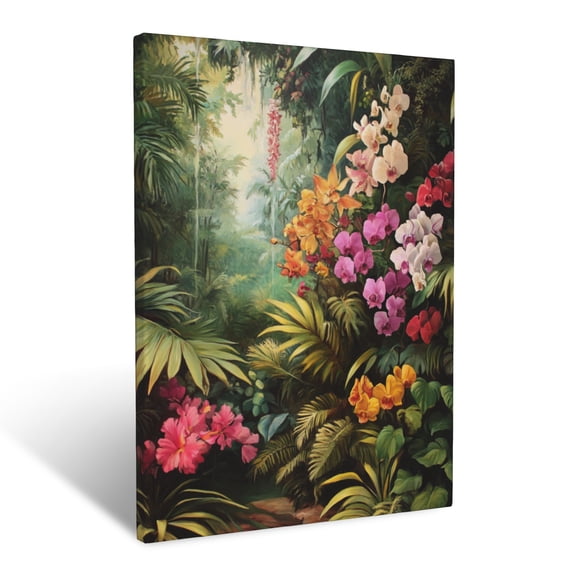 CozyNet Dense Rainforest Filled With Exotic Plants, Bright Orchids & Cascading Palm Fronds Wall Art Prints With Frame Canvas Perfect for Living Room & Bedroom, Ready to Hang, Wall Decor 16"x20"in