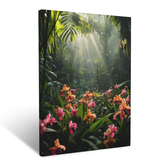 CozyNet Dense Rainforest Floor Carpeted With Blooming Ground Orchids Wall Art Prints With Frame Canvas Perfect for Living Room & Bedroom, Ready to Hang, Wall Decor 12"x16"in