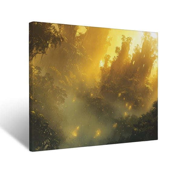 CozyNet Dense Rainforest Illuminated By Golden Sunlight Breaking Through Thick Mist Wall Art Prints With Frame Canvas Perfect for Living Room & Bedroom, Ready to Hang, Wall Decor 12"x16"