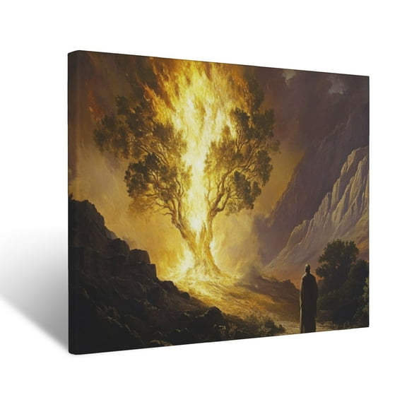 CozyNet Depiction Of The Burning Bush Glowing With Divine Fire, With Moses Standing In Wonder Wall Art Prints With Frame Canvas Perfect for Living Room & Bedroom, Ready to Hang, Wall Decor 12"x16"