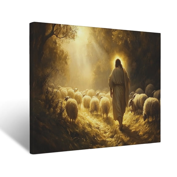 CozyNet Depiction Of Jesus Walking Among Sheep Glowing With Divine Light Wall Art Prints With Frame Canvas Perfect for Living Room & Bedroom, Ready to Hang, Wall Decor 12"x16"