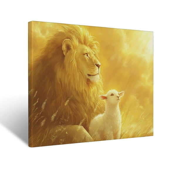 CozyNet Depiction Of The Lion & The Lamb Glowing Together Under A Serene Golden Sky Wall Art Prints With Frame Canvas Perfect for Living Room & Bedroom, Ready to Hang, Wall Decor 12"x16"