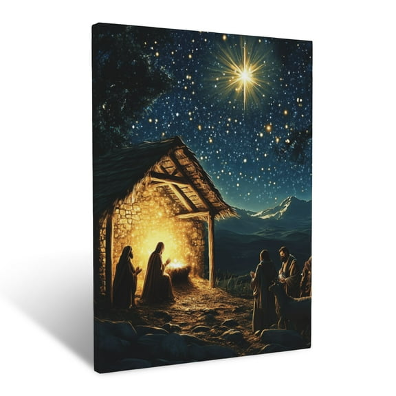 CozyNet A Depiction Of The Nativity Glowing Brightly Under A Starry Night Sky Wall Art Prints With Frame Canvas Perfect for Living Room & Bedroom, Ready to Hang, Wall Decor 12"x16"