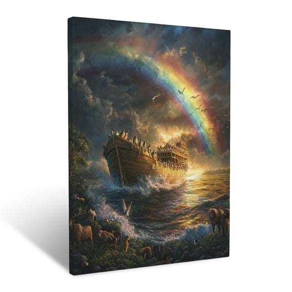 CozyNet A Depiction Of Noah Ark Glowing With Animals Under A Vibrant Rainbow Wall Art Prints With Frame Canvas Perfect for Living Room & Bedroom, Ready to Hang, Wall Decor 12"x16"