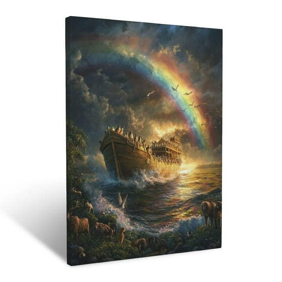 CozyNet A Depiction Of Noah Ark Glowing With Animals Under A Vibrant Rainbow Wall Art Prints With Frame Canvas Perfect for Living Room & Bedroom, Ready to Hang, Wall Decor 16"x20"