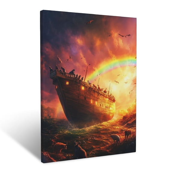 CozyNet A Depiction Of Noah Ark Glowing Brightly With Animals Under A Rainbow Wall Art Prints With Frame Canvas Perfect for Living Room & Bedroom, Ready to Hang, Wall Decor 16"x20"