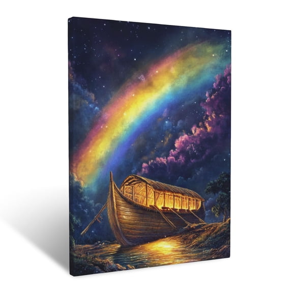CozyNet A Depiction Of Noah Ark Glowing Brightly Beneath A Vivid Rainbow Wall Art Prints With Frame Canvas Perfect for Living Room & Bedroom, Ready to Hang, Wall Decor 12"x16"