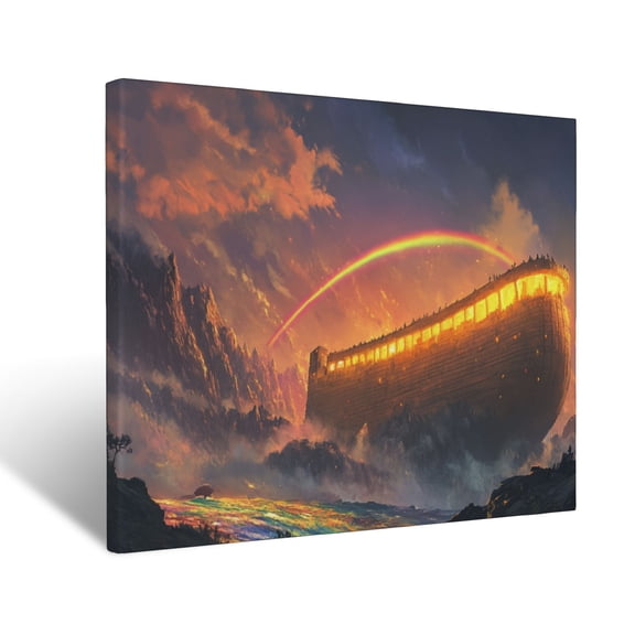 CozyNet Depiction Of Noah Ark Glowing Under A Vibrant Rainbow, Resting On A Mountaintop Wall Art Prints With Frame Canvas Perfect for Living Room & Bedroom, Ready to Hang, Wall Decor 16"x20"